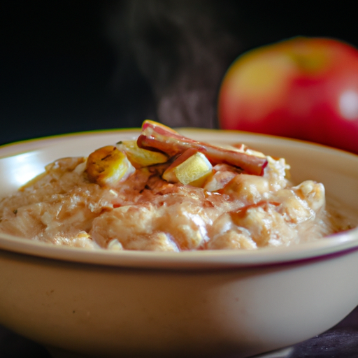 An image that showcases a steaming bowl of creamy porridge adorned with vibrant slices of apple, plump sultanas, and a sprinkle of fragrant cinnamon powder on top, inviting readers to explore a delicious recipe