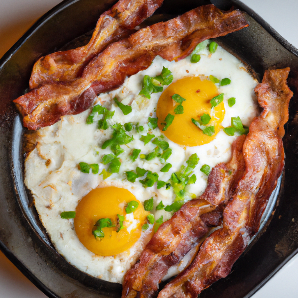 An image showcasing a sizzling pan with crispy strips of bacon, perfectly cooked sunny-side-up eggs with golden yolks, a sprinkle of freshly ground black pepper, and a garnish of vibrant green chives