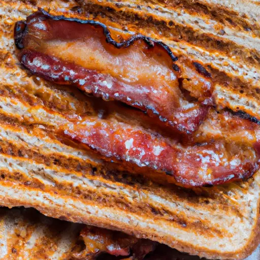 -up shot of a golden-brown, crispy bacon strip, nestled between two slices of freshly toasted bread