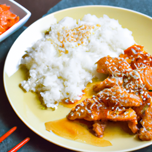 E of a vibrant plate of fried chicken strips, sprinkled with sesame seeds, alongside a colorful stir fry with a bright orange sauce, and a bowl of white rice