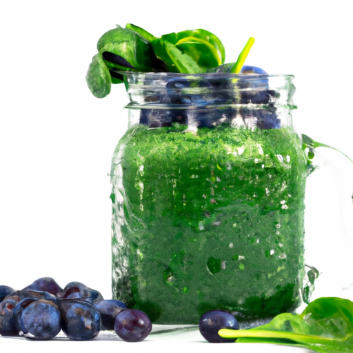 An image of a vibrant blue-green smoothie overflowing in a clear glass jar with droplets of condensation on the sides