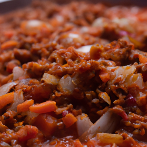 Of steaming bolognaise sauce with chopped tomatoes, onions, carrots, and garlic sprinkled over it