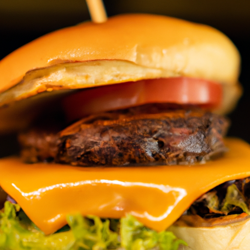 P shot of a succulent grilled beef patty oozing with melted cheddar cheese, perfectly nestled in a toasted sesame bun