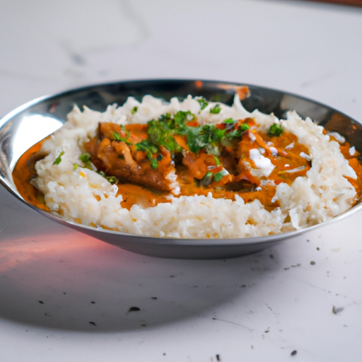 An image showcasing a sizzling golden-brown chicken breast, perfectly seared with aromatic spices, immersed in a luscious apple-infused curry sauce