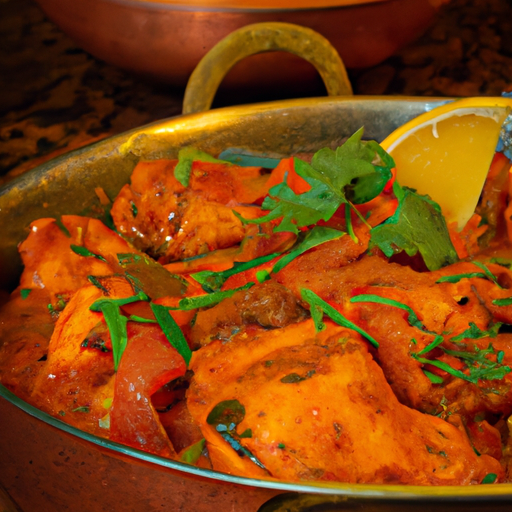 Lizing image of a sizzling chicken balti, fragrant with a medley of spices, nestled in a vibrant orange sauce, garnished with fresh coriander leaves, and served in a traditional copper pot