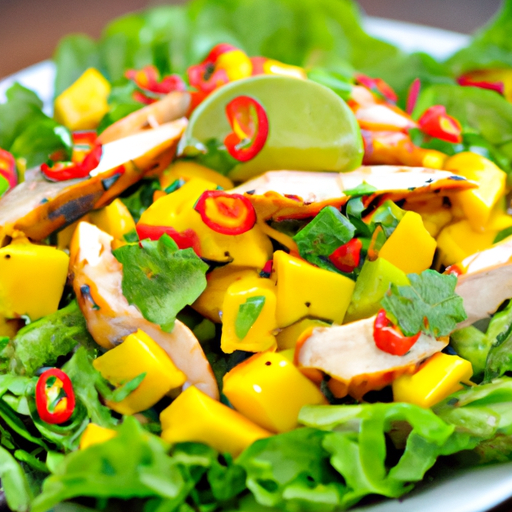 An image showcasing a vibrant bowl of Chicken & Mango Salad: succulent grilled chicken strips atop a bed of crisp lettuce leaves, garnished with juicy mango slices, crunchy red bell peppers, refreshing cilantro, and a zesty lime dressing