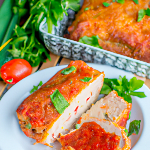 An image showcasing a golden-brown chicken meatloaf, beautifully glazed with a tangy tomato sauce, surrounded by vibrant green herbs and garnished with slices of juicy tomatoes