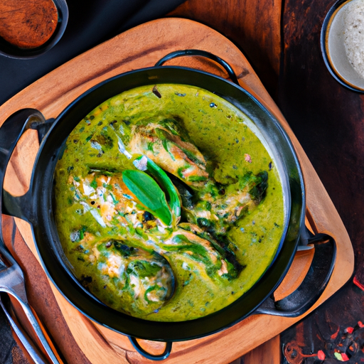 An image showcasing a sizzling pan of tender, golden-brown chicken pieces simmered in a vibrant, aromatic green spinach sauce