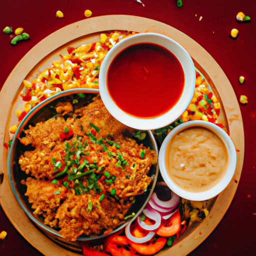 An image of a sizzling pan, filled with succulent grilled chicken marinated in a vibrant red chili sauce