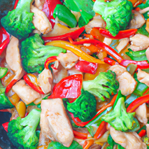 An image that captures the sizzling wok of a Chinese chicken and vegetable stir fry