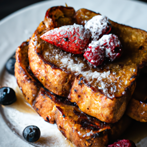 An image capturing the golden-brown perfection of Cinnamon French Toast, adorned with a luscious drizzle of maple syrup, a dusting of powdered sugar, and a garnish of fresh berries