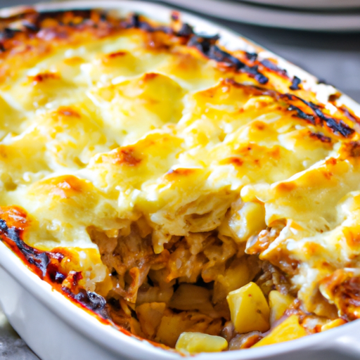 An image showcasing a golden-brown, bubbling cottage pie fresh out of the oven