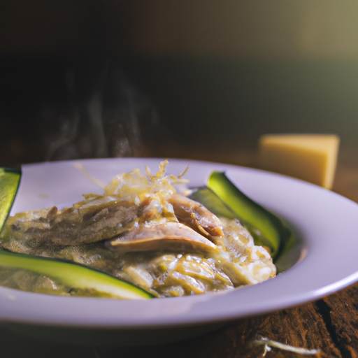 An image showcasing a steaming bowl of creamy risotto with tender roast chicken strips, vibrant green courgette, and a sprinkle of grated parmesan