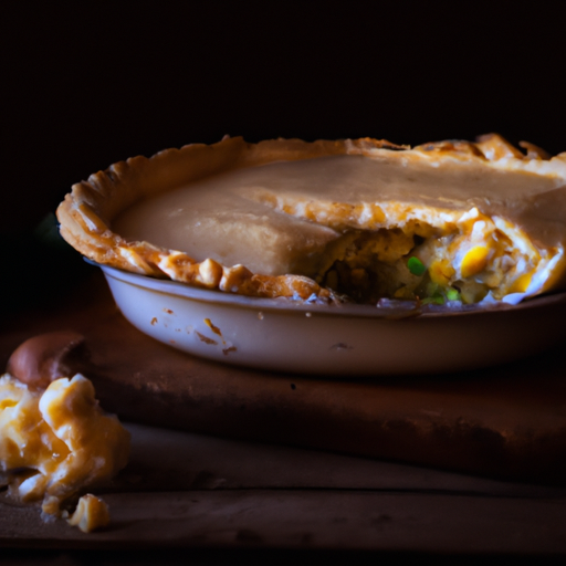 An image of a rustic kitchen counter, adorned with a golden-brown, flaky fish pie fresh out of the oven