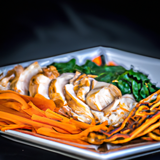 An image that showcases a tantalizing plate of perfectly grilled chicken garnished with aromatic garlic, accompanied by a vibrant bed of wilted spinach, and colorful ribbons of freshly sliced carrots