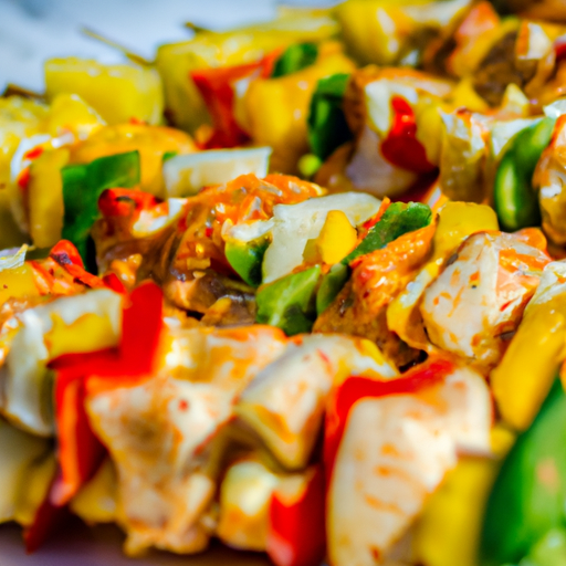 An image of a vibrant Hawaiian kebab feast, showcasing skewers of succulent marinated pineapple, juicy grilled chicken, colorful bell peppers, and charred onions, all glistening under the warm tropical sun