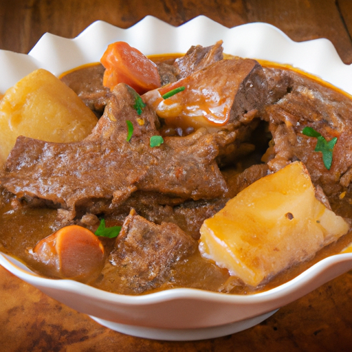 C wooden table is set with a hearty, simmering pot of pot roast beef