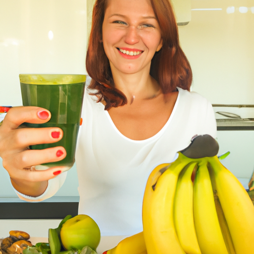 smiling, holding a glass of green smoothie with one hand and a ripe banana in the other, surrounded by fresh fruits and vegetables