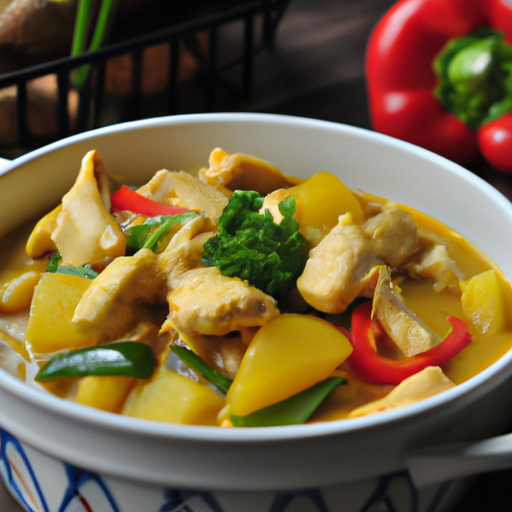 An image of a steaming pot filled with tender chunks of succulent chicken immersed in a vibrant yellow curry sauce, adorned with fragrant slices of ginger, fresh cilantro leaves, and colorful diced bell peppers