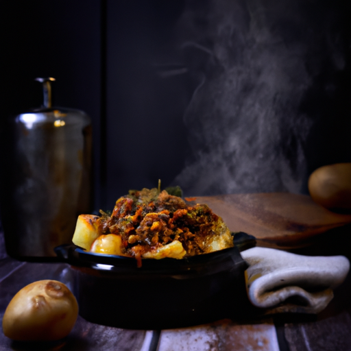 An image showcasing a rustic kitchen counter with a steaming pot of hearty mince and tatties