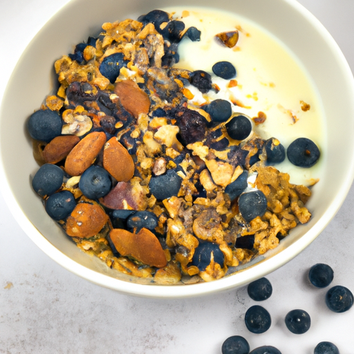 An enticing image of a vibrant bowl filled with gluten-free Omega Rich Muesli: a medley of golden toasted oats, crunchy almonds, flaxseeds, and plump blueberries, all topped with a drizzle of creamy almond milk