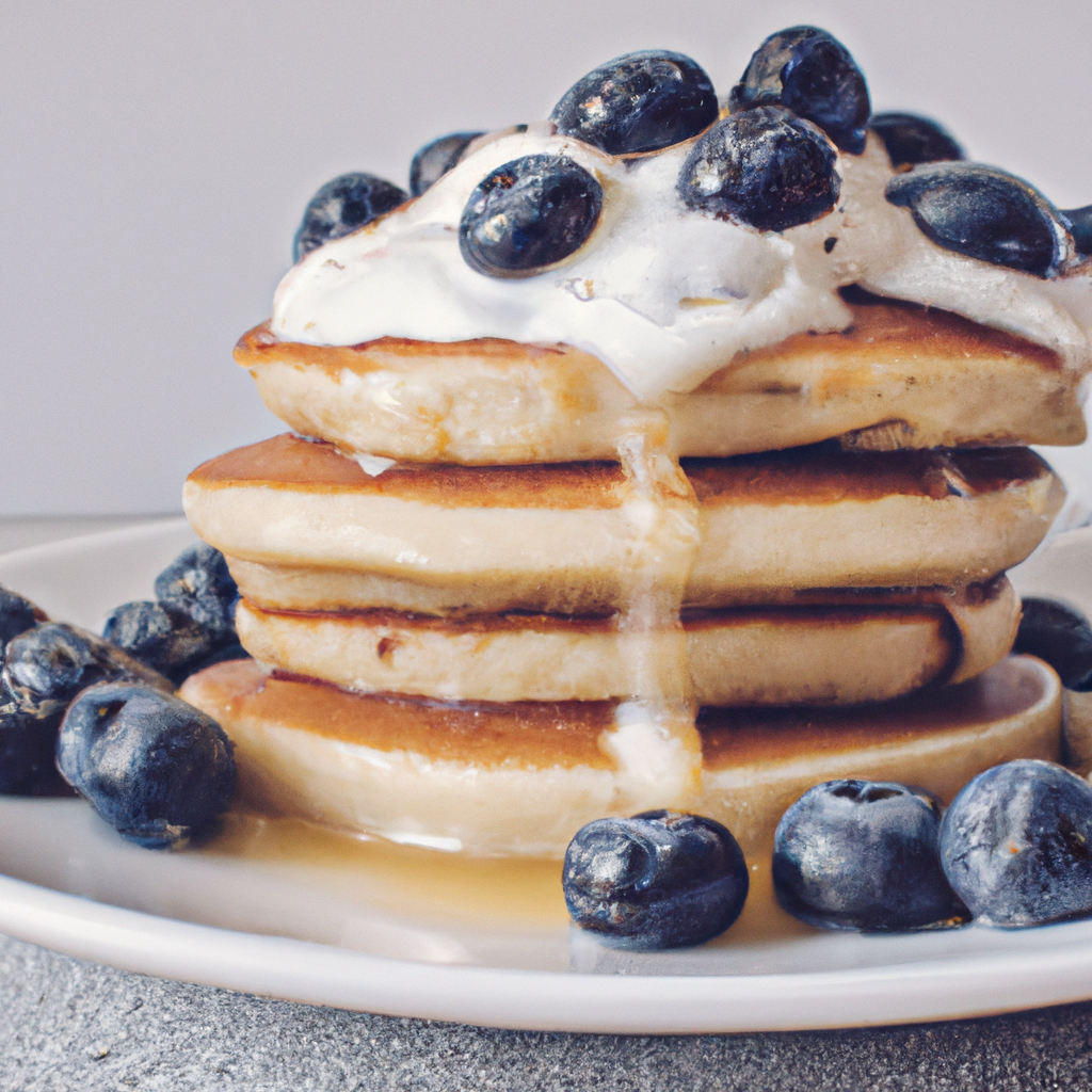 An image depicting a stack of fluffy, golden-brown pancakes drizzled with maple syrup, adorned with a generous sprinkling of fresh blueberries, and topped with a dollop of creamy Greek yogurt