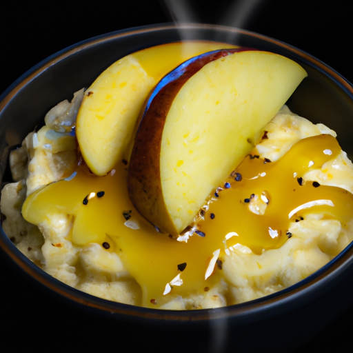 An image showcasing a warm bowl of creamy porridge adorned with vibrant slices of fresh apple, drizzled with golden honey