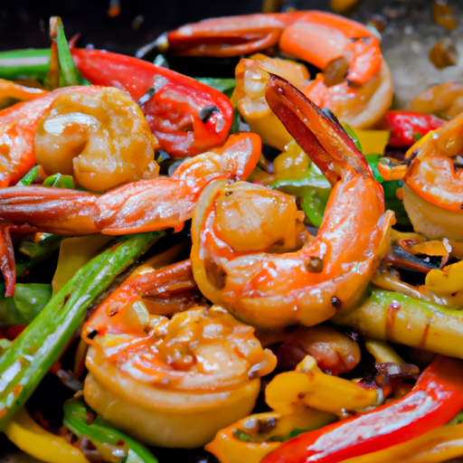 An image of a sizzling wok on a gas stove, filled with vibrant, colorful ingredients such as succulent prawns, crisp vegetables, and aromatic spices, capturing the essence of a mouthwatering quick prawn stir-fry recipe