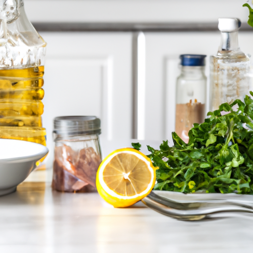 an inviting kitchen scene with a pristine white countertop adorned with freshly sliced lemons, a vibrant bunch of parsley, a can of tuna, and a gleaming silver fork, exuding simplicity and ease