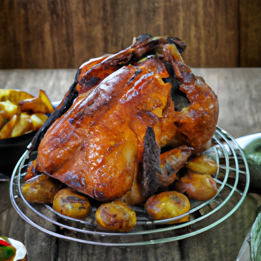 An image showcasing a succulent, golden-brown roast chicken, perfectly seasoned and surrounded by aromatic herbs and vegetables, while being basted with its own flavorful drippings in a sizzling roasting pan