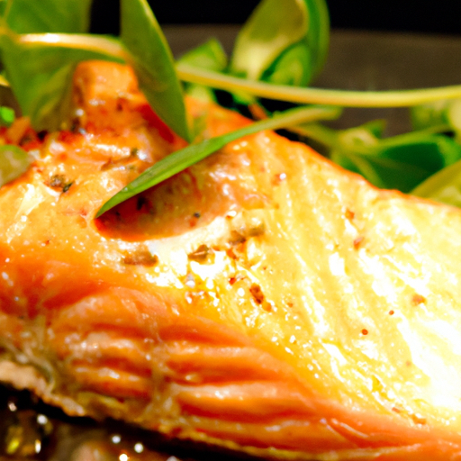 An image showcasing a perfectly seared salmon fillet, glistening with a golden crust, nestled on a bed of vibrant green watercress leaves