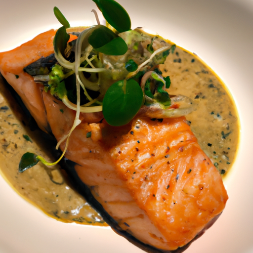 An image that showcases a succulent piece of salmon, perfectly seared and coated in a velvety, creamy black pepper sauce