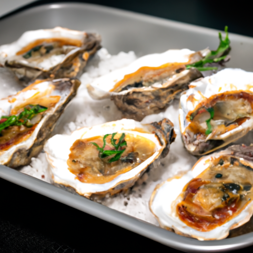 An image showcasing a piping-hot tray of baked oysters, glistening with a golden-brown crust