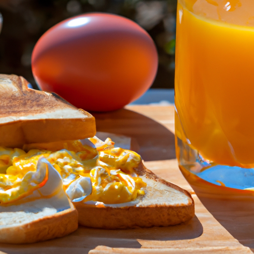 An image of a rustic wooden cutting board with a perfectly toasted slice of bread topped with fluffy scrambled eggs