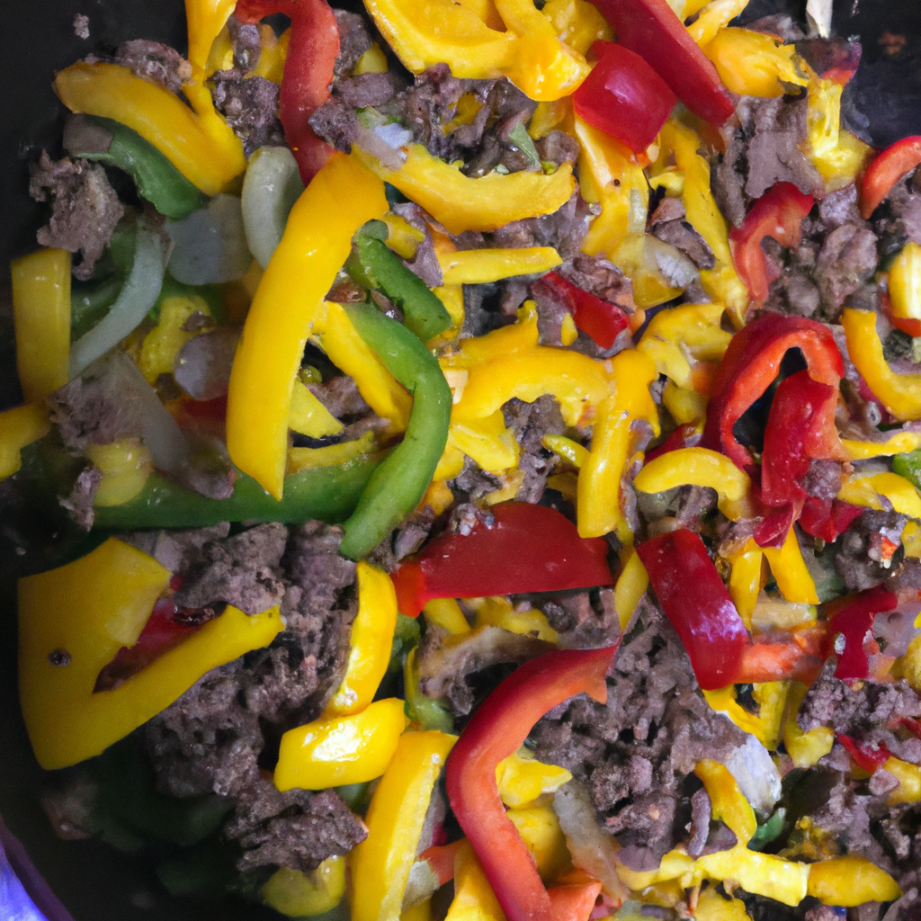 Y-colored bell peppers, onions, and garlic sautéing in a hot pan, with shredded beef and chilli flakes adding flavor and heat