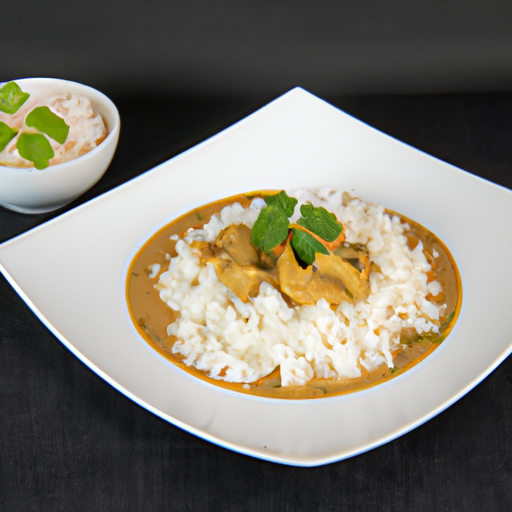 An image of a mouthwatering plate filled with tender chicken pieces in a creamy, aromatic korma sauce