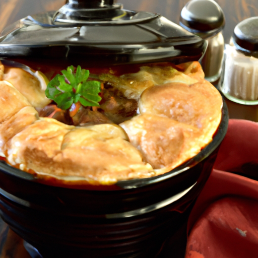 Cooker filled with a savory beef casserole, topped with flaky pastry crust and herbs