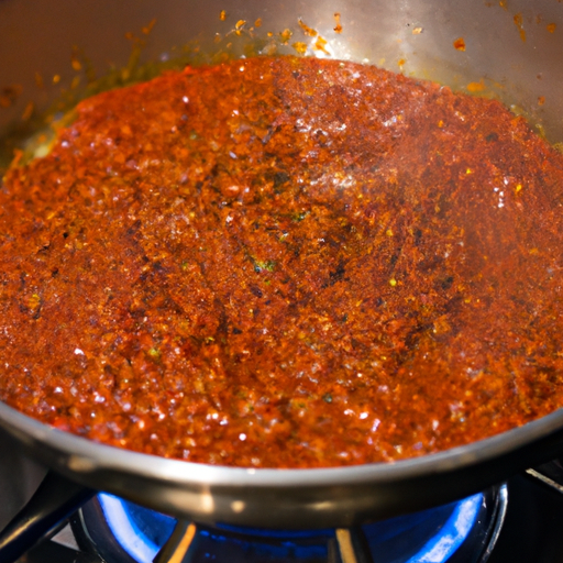 F steaming, thick, red bolognese sauce bubbling on the stove, spiced with chili flakes, garlic, and oregano