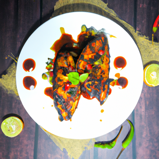 An image that showcases a succulent grilled chicken breast, coated in a vibrant blend of fiery spices