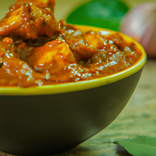 An image of a steaming bowl filled with vibrant, red spicy chicken curry, adorned with tender pieces of marinated chicken, colorful vegetables, and aromatic spices, enticing viewers with its rich aroma and mouthwatering appeal