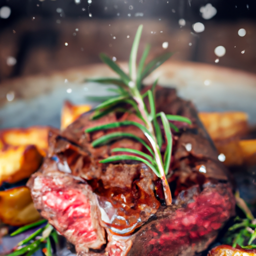 An image of a sizzling, perfectly seared steak glistening with juices, served alongside a mountain of crispy, golden-brown chunky chips, sprinkled with sea salt and garnished with a vibrant sprig of fresh rosemary