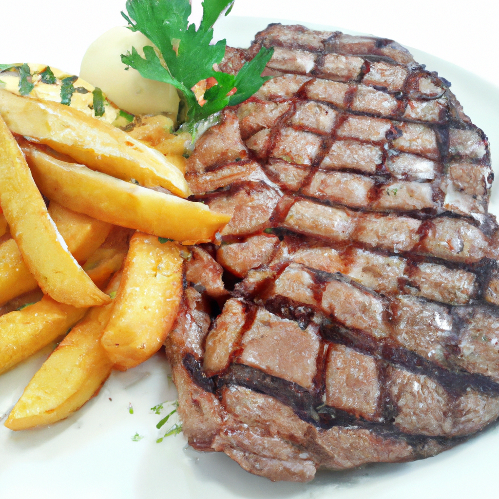 An image showcasing a sizzling steak, perfectly charred and juicy, paired with golden chunky chips