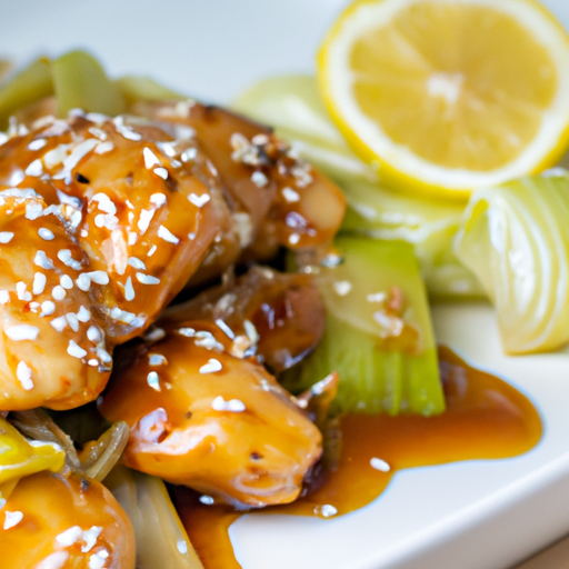 of golden-brown chicken pieces, each coated in a glossy lemon glaze, topped with a sprinkle of sesame seeds, and accompanied by a bowl of steamed vegetables