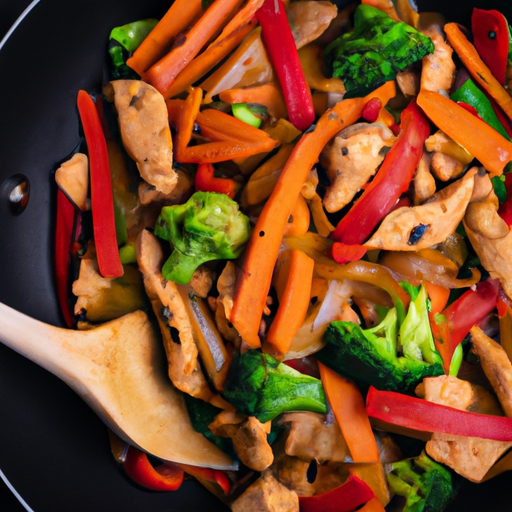 An image showcasing a sizzling wok filled with vibrant, crisp vegetables like bell peppers, carrots, and broccoli, perfectly complementing tender strips of golden-brown stir-fried chicken