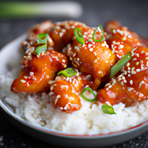 An image that showcases a plate of succulent sweet and sour chicken, coated in a glossy scarlet glaze