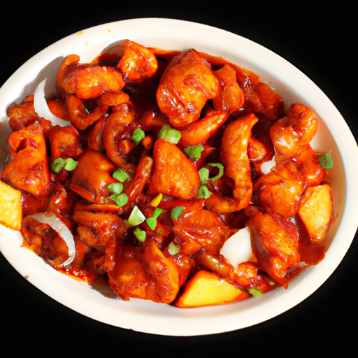 An image showcasing a sizzling wok filled with tender chunks of succulent Szechuan chicken, coated in a rich, fiery red sauce