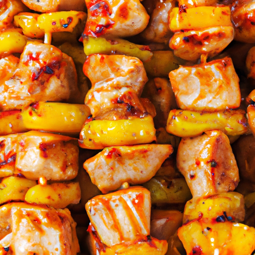 Head shot of juicy, grilled chicken kebabs marinated in a sticky teriyaki glaze