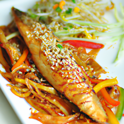 An image of a sizzling teriyaki-glazed mackerel fillet, perfectly caramelized and garnished with sesame seeds, served alongside a vibrant medley of stir-fried chow mein noodles, colorful bell peppers, and crunchy bean sprouts