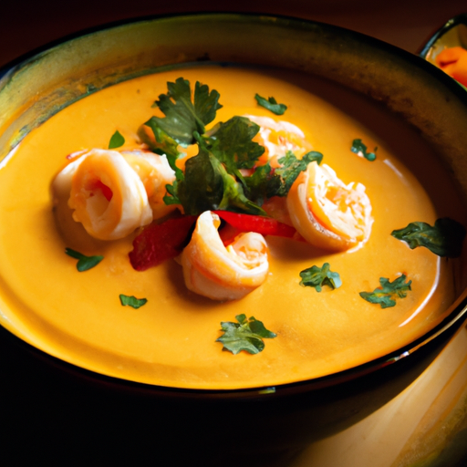 Nt bowl of Thai coconut shrimp soup, richly colored with a creamy orange broth