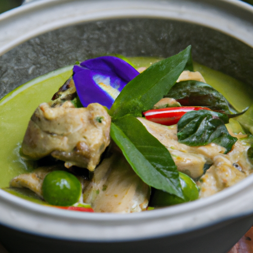 An image that showcases a vibrant green curry simmering in a traditional Thai clay pot, adorned with tender chunks of succulent chicken, fresh Thai basil leaves, and served alongside steaming fluffy jasmine rice